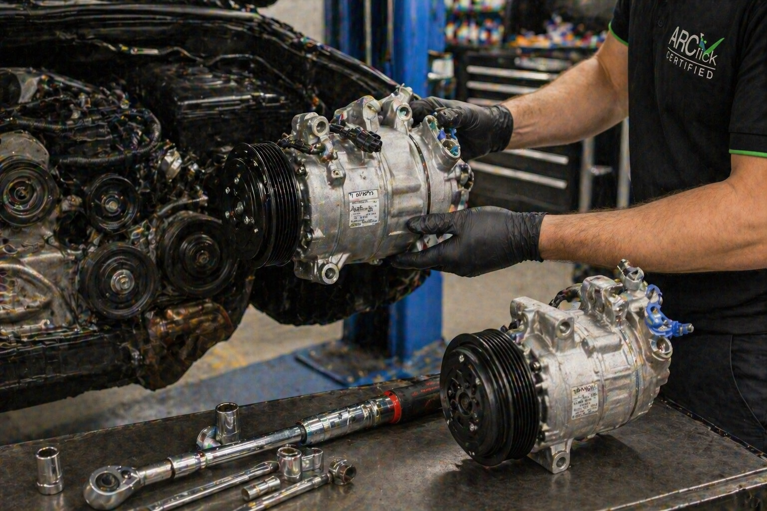 AC compressor replacement on European vehicle at SemCar Capalaba workshop Brisbane