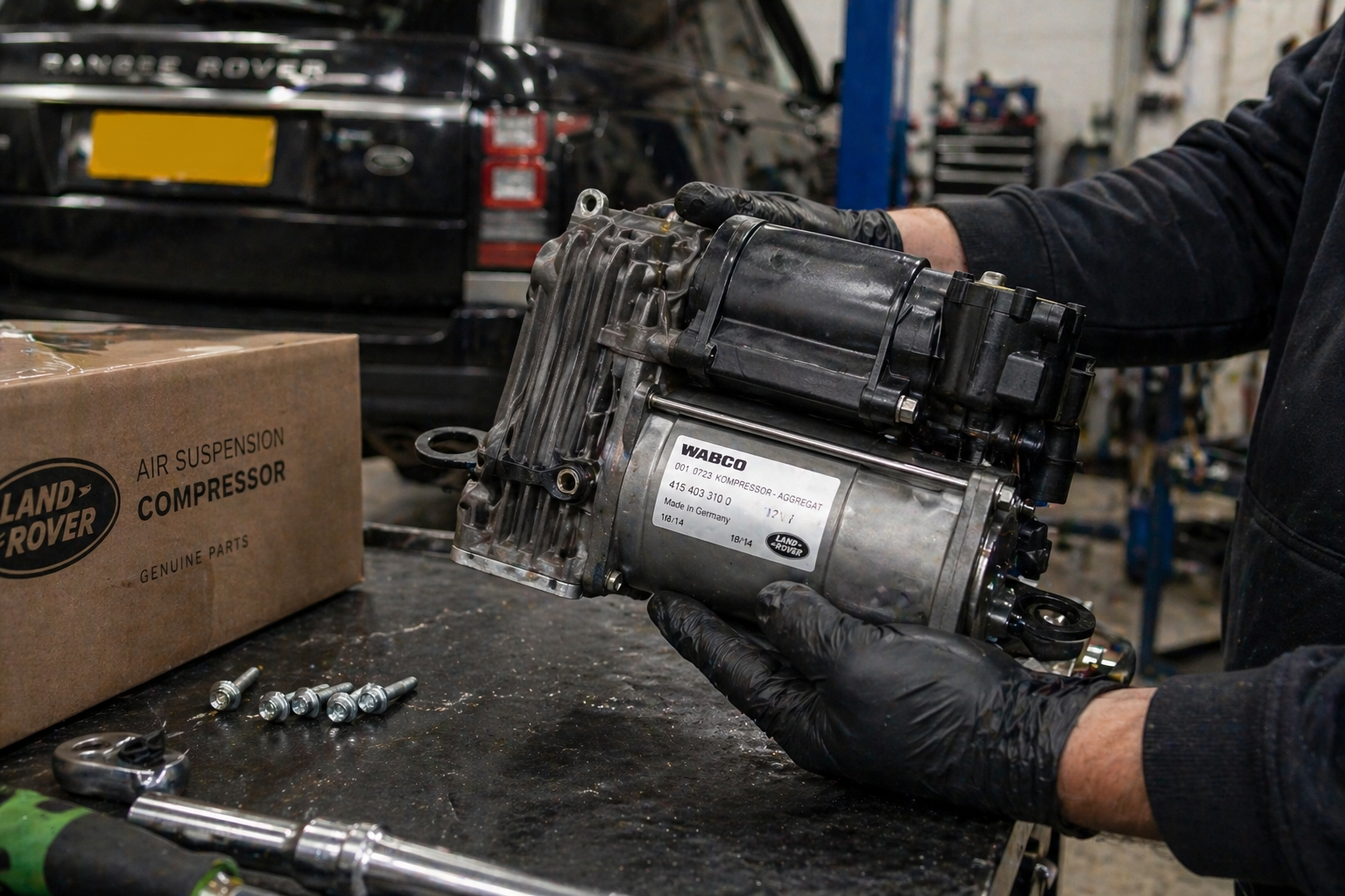 Air suspension compressor replacement on European vehicle at SemCar Brisbane