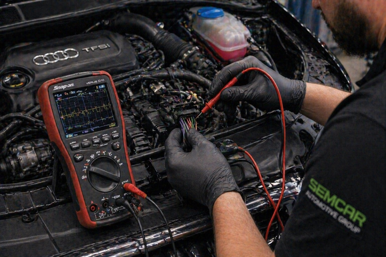 Auto electrician performing wiring fault diagnosis on European vehicle at Brisbane workshop