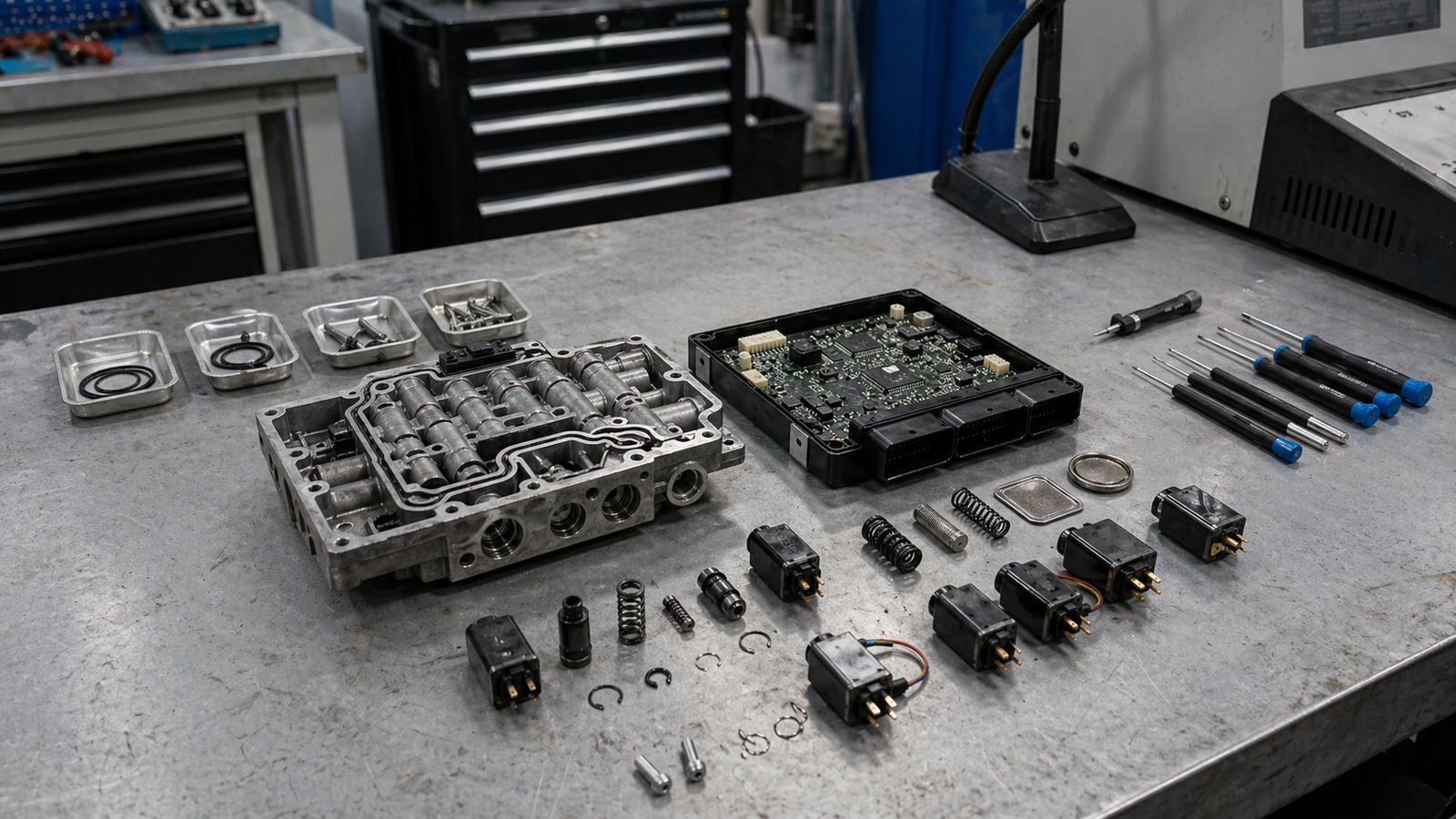 DSG mechatronic unit repair and rebuild on workshop bench at Brisbane specialist