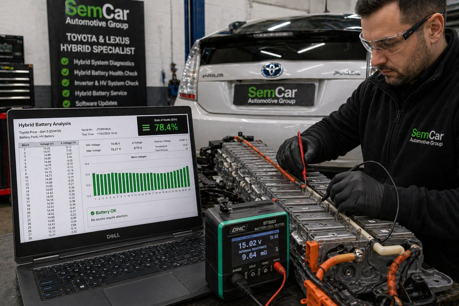 Hybrid battery cell health diagnostic investigation at Brisbane EV specialist workshop