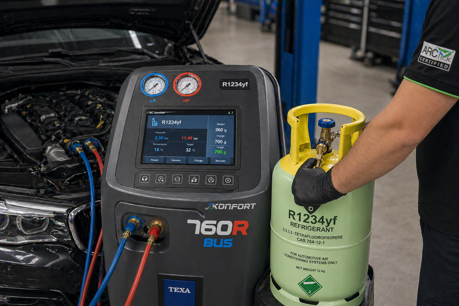 R1234yf refrigerant handling for modern European vehicles at Brisbane ARCtick certified workshop