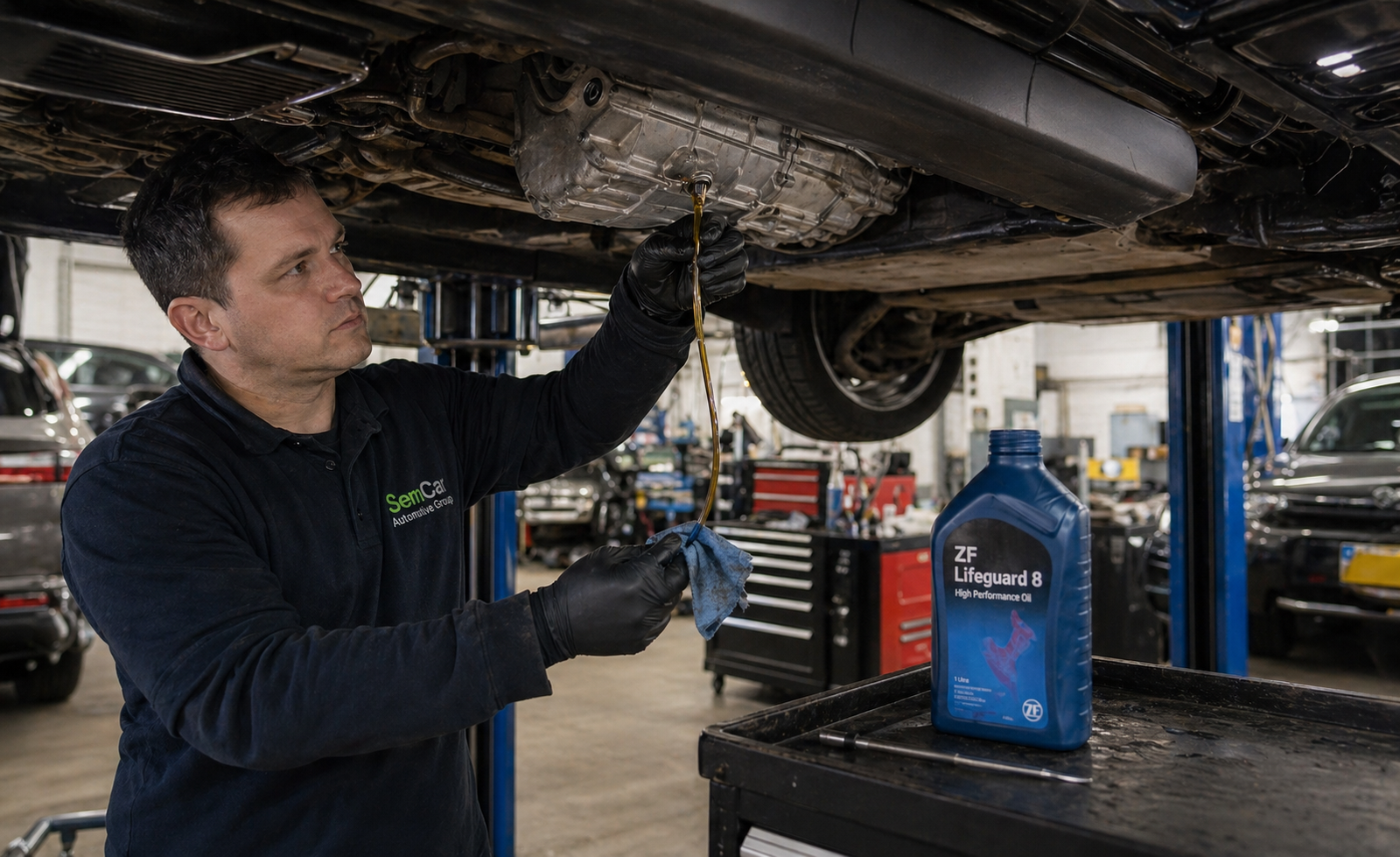 Transmission fluid flush and replacement service on European vehicle at Brisbane workshop