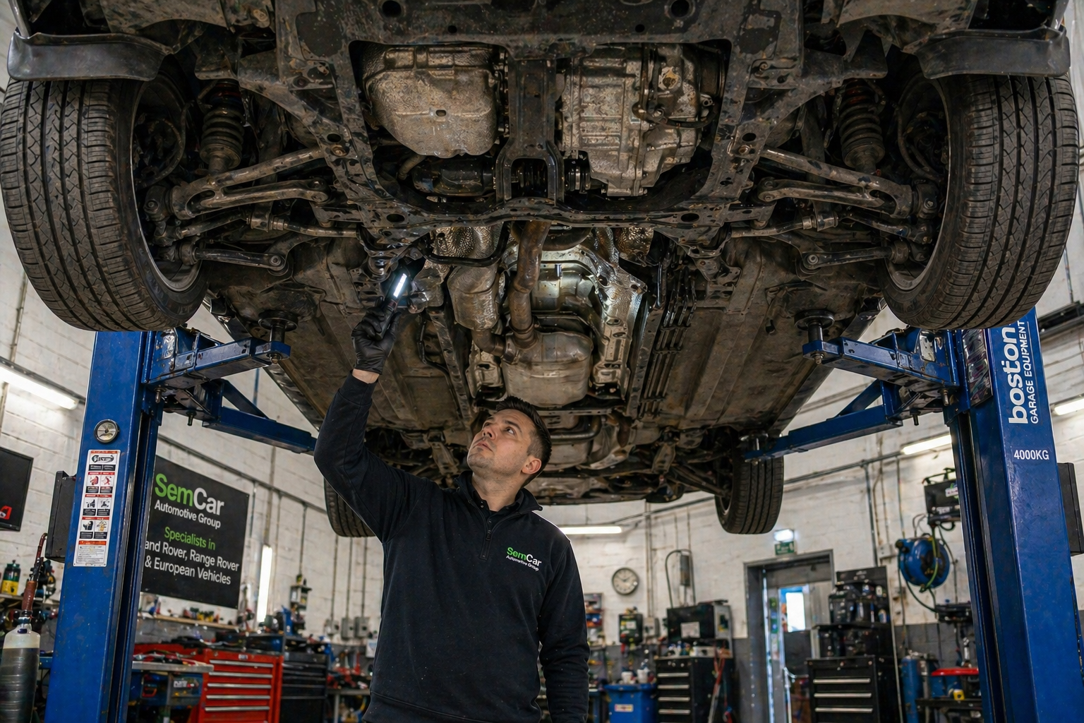 Vehicle on hoist for underbody inspection during pre-purchase check at Brisbane workshop