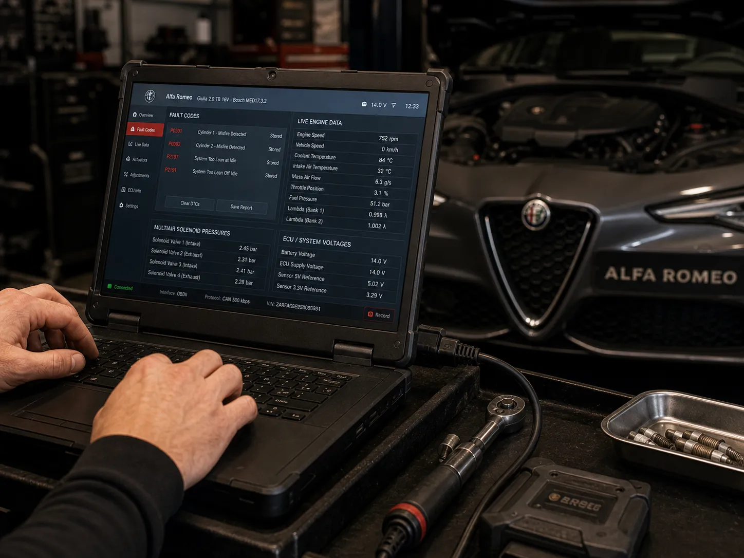 Alfa Romeo factory diagnostic Examiner platform at SemCar workshop Brisbane