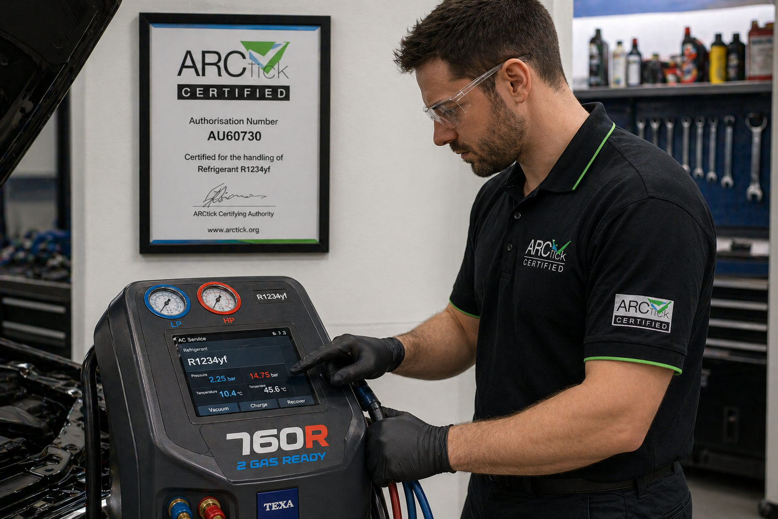 ARCtick certified air conditioning regas with R134a and R1234yf refrigerant at Brisbane workshop