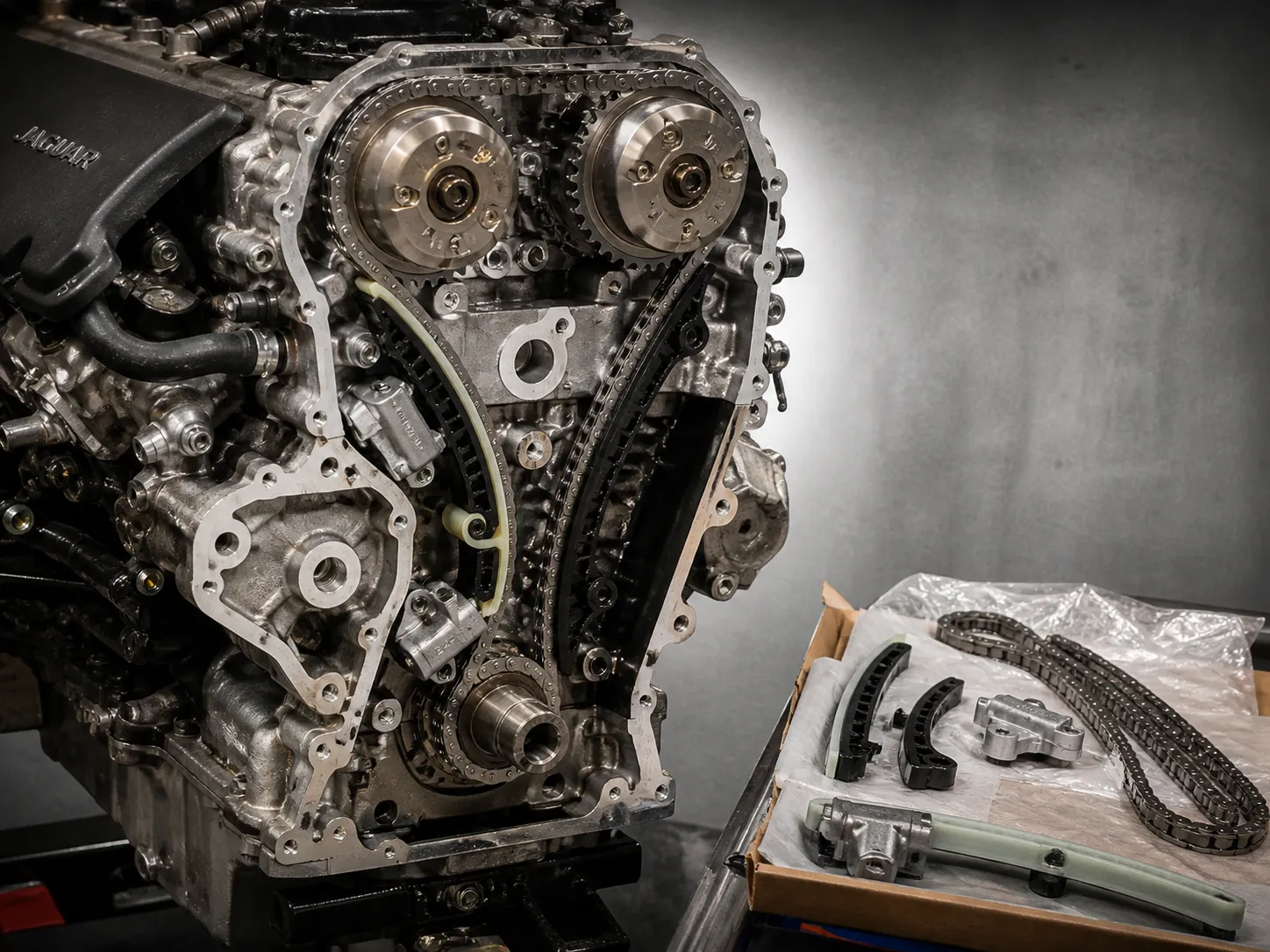 Jaguar AJ-V8 or Ingenium timing chain service close-up at SemCar Capalaba Brisbane