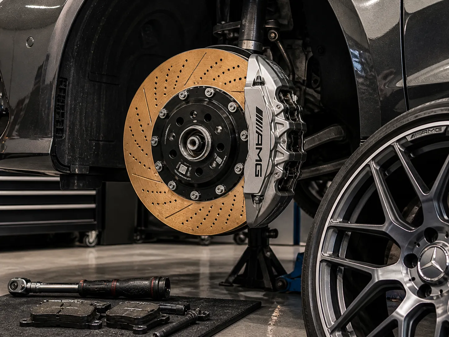 Mercedes AMG carbon ceramic brake service close-up at SemCar Capalaba Brisbane workshop