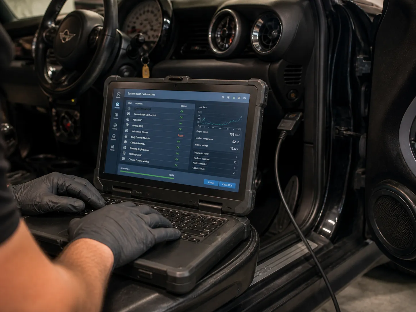 Mini Cooper R56 connected to BMW ISTA diagnostic interface at Capalaba independent specialist workshop