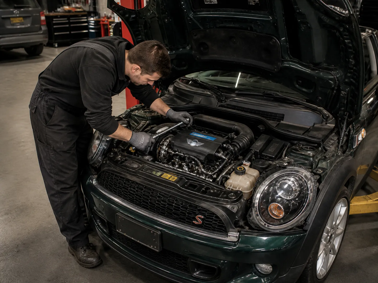 Mini Cooper N14 engine bay during timing chain inspection at Capalaba European mechanic workshop