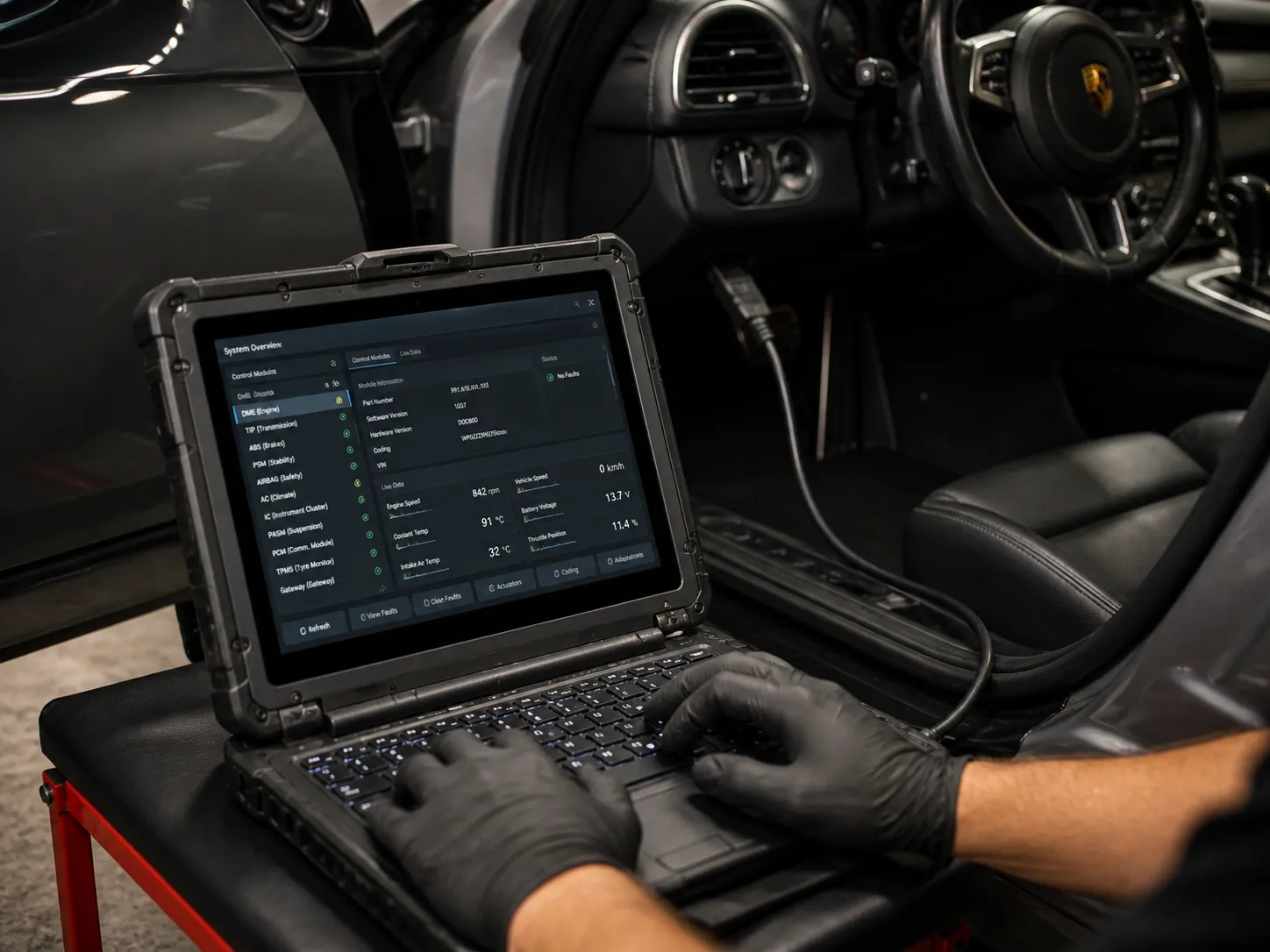 Porsche PIWIS-equivalent diagnostic platform reading 911 control modules at Capalaba specialist workshop
