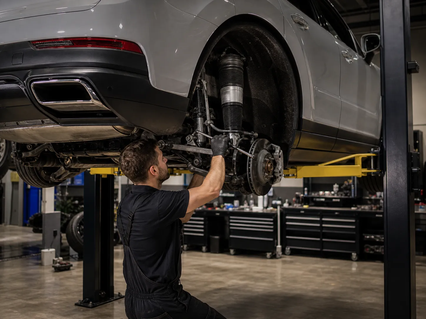 Porsche Cayenne undergoing air suspension service at Capalaba specialist mechanic workshop