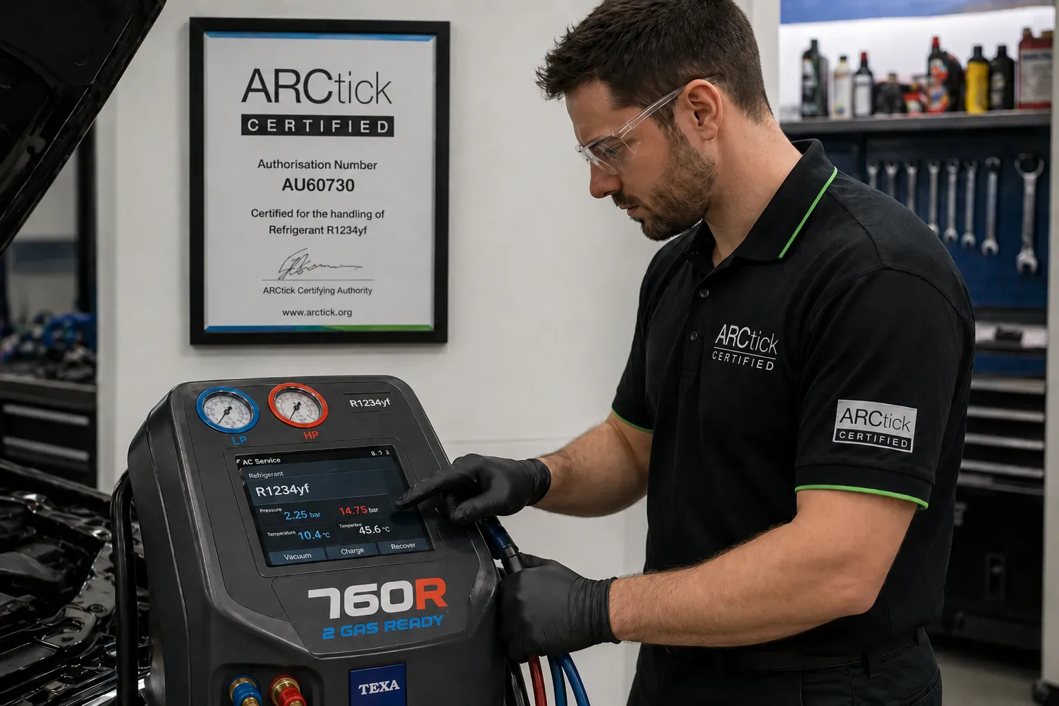 ARCtick certified air conditioning regas with R134a and R1234yf refrigerant at Brisbane workshop