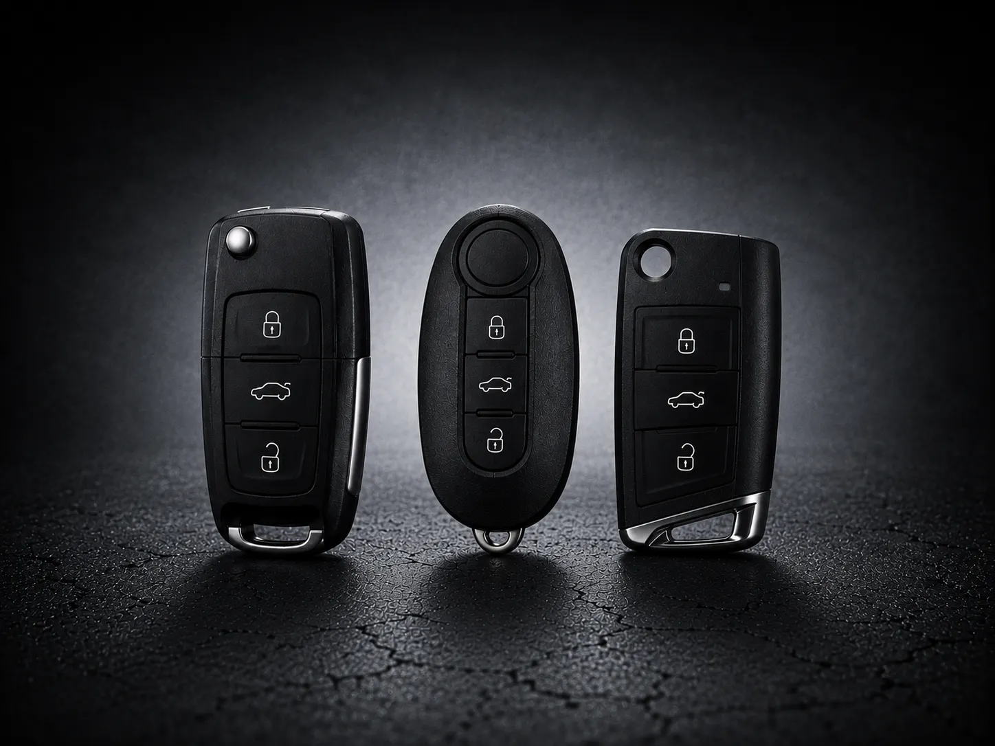 Four styles of European car key standing in a row at SemCar Capalaba Brisbane