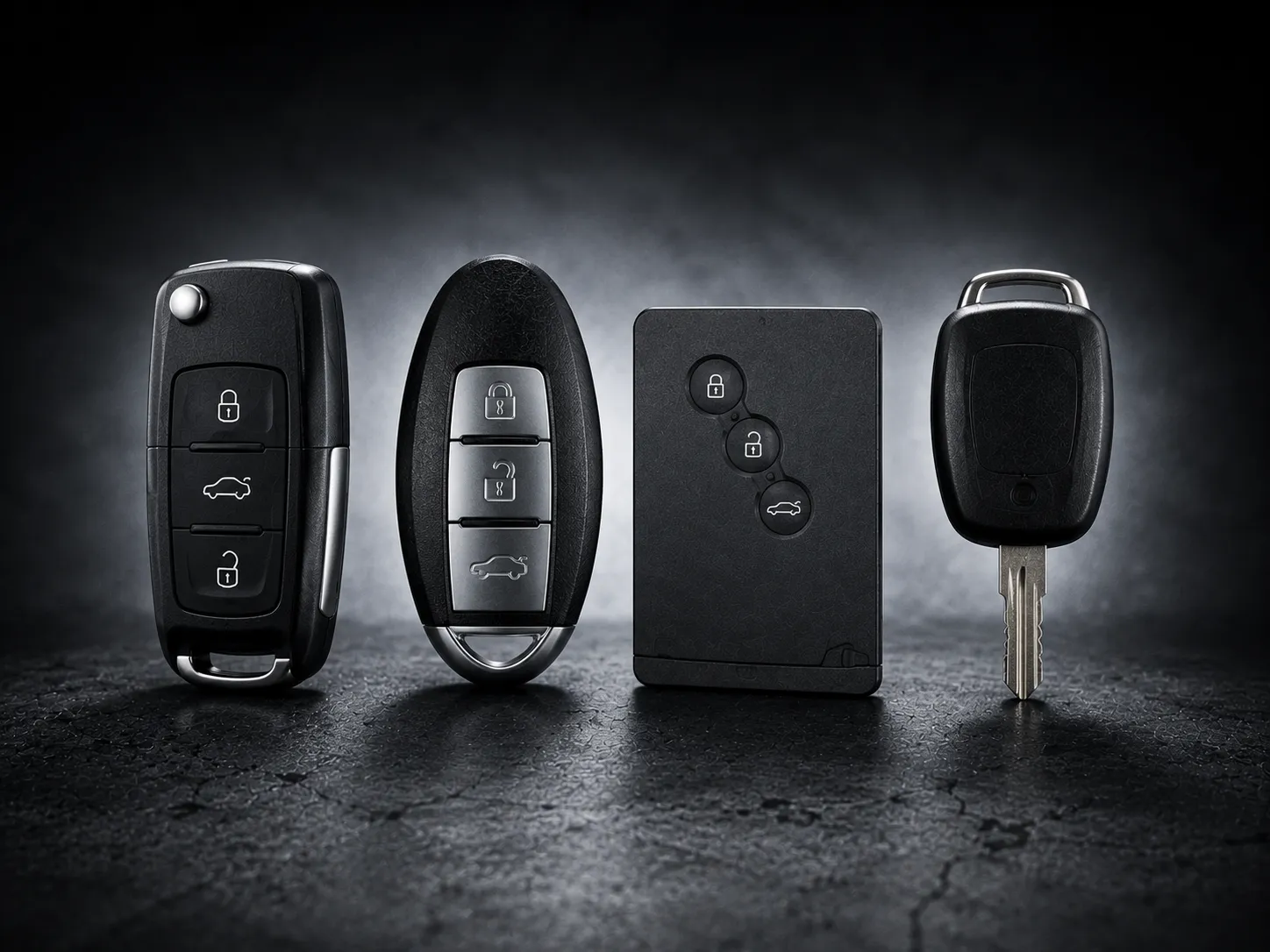 European Key Types Guide | SemCar Brisbane Four styles of European car key standing in a row at SemCar Capalaba Brisbane