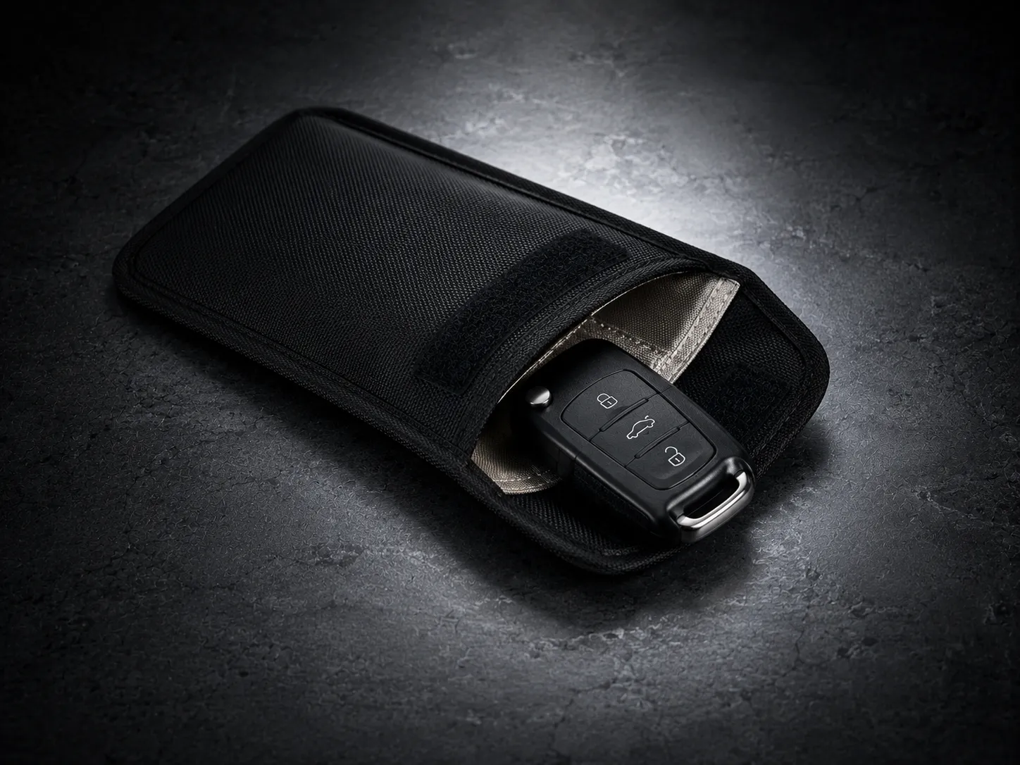 Relay Theft Protection | SemCar Brisbane European smart key being placed into a Faraday pouch to prevent relay theft