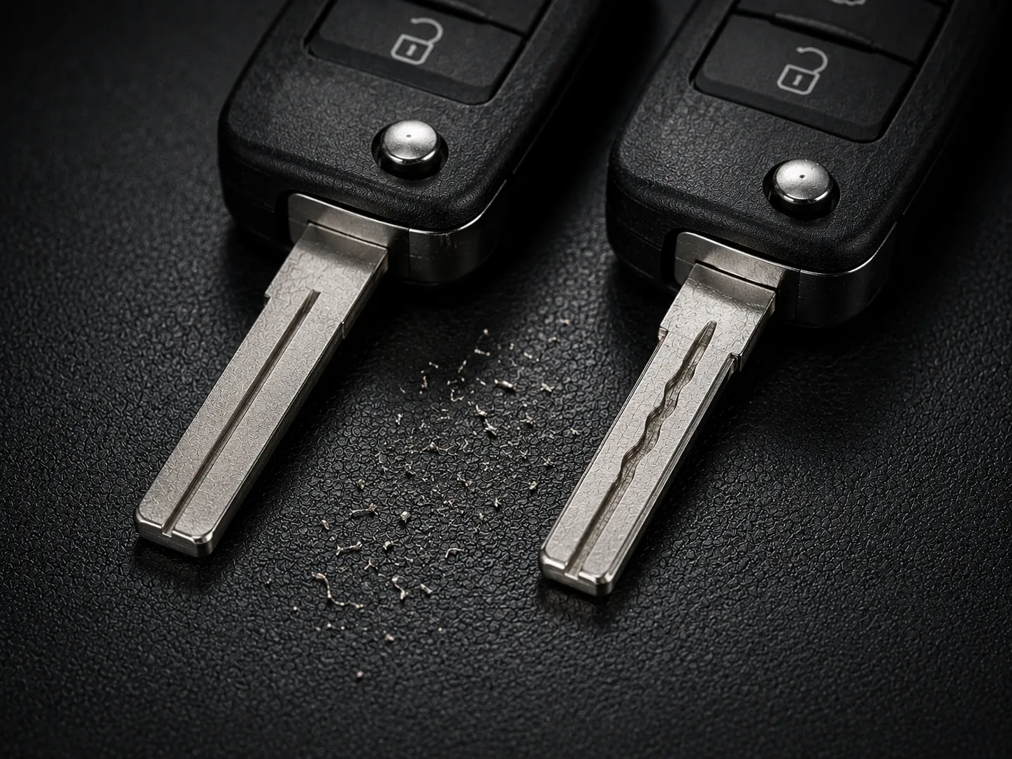 Cut to Code Key Machining | SemCar Brisbane Uncut key blank beside a finished cut to code European car key at SemCar Brisbane
