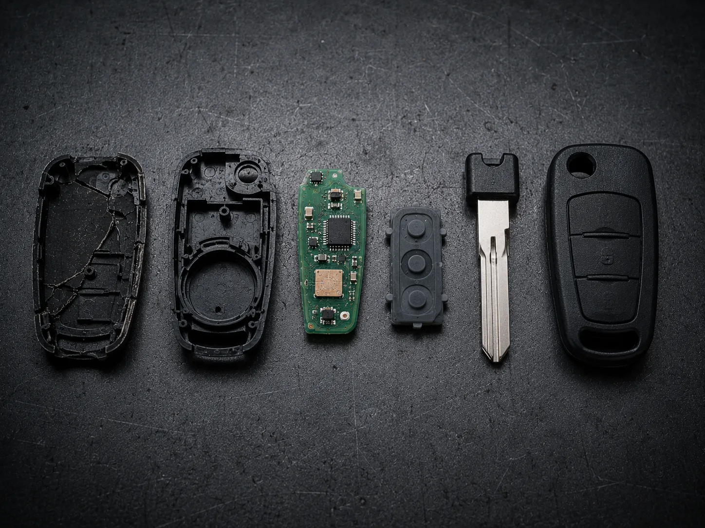 Disassembled European car key fob with new replacement shell at SemCar Brisbane