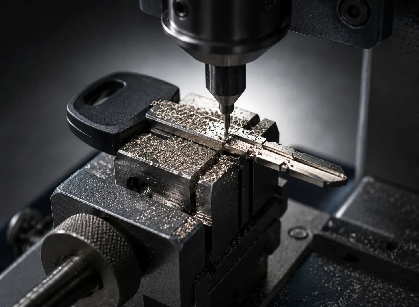 Laser Key Cutting to Code | SemCar Capalaba Brisbane Laser cut European car key being cut to code in a precision machine at SemCar Brisbane