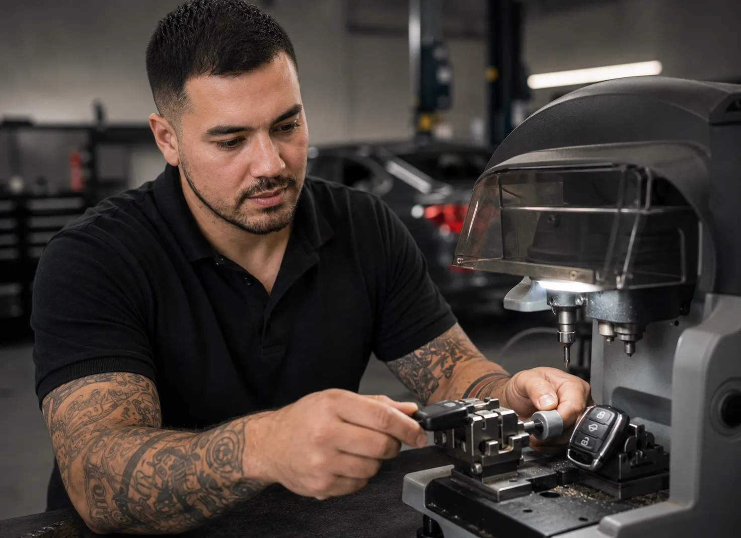 Duplicate Car Key Cutting | SemCar Capalaba SemCar founder Sebastian duplicating a European car key on a precision cutting machine in Capalaba