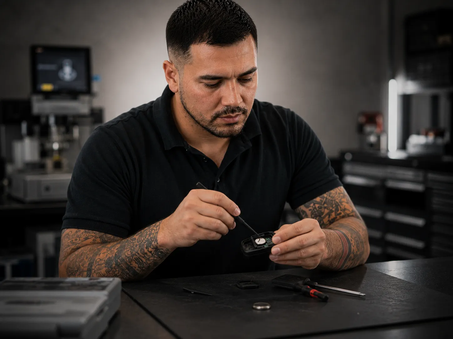SemCar founder Sebastian replacing a car key fob battery at the Capalaba workshop