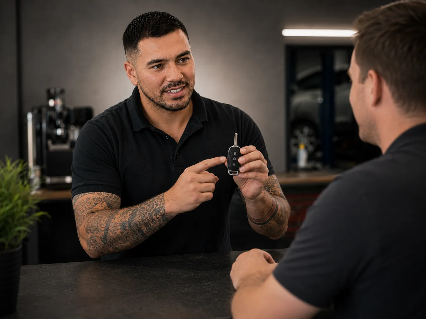 Key Cutting Explained | SemCar Capalaba Redlands SemCar founder Sebastian explaining a freshly cut car key to a customer in Capalaba