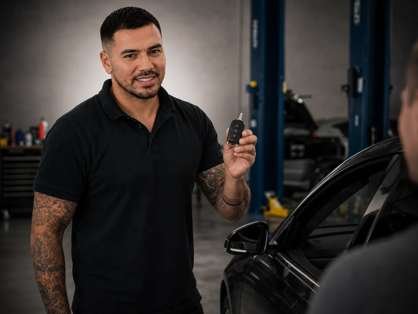 SemCar founder Sebastian testing a repaired car key remote beside a European car in Capalaba