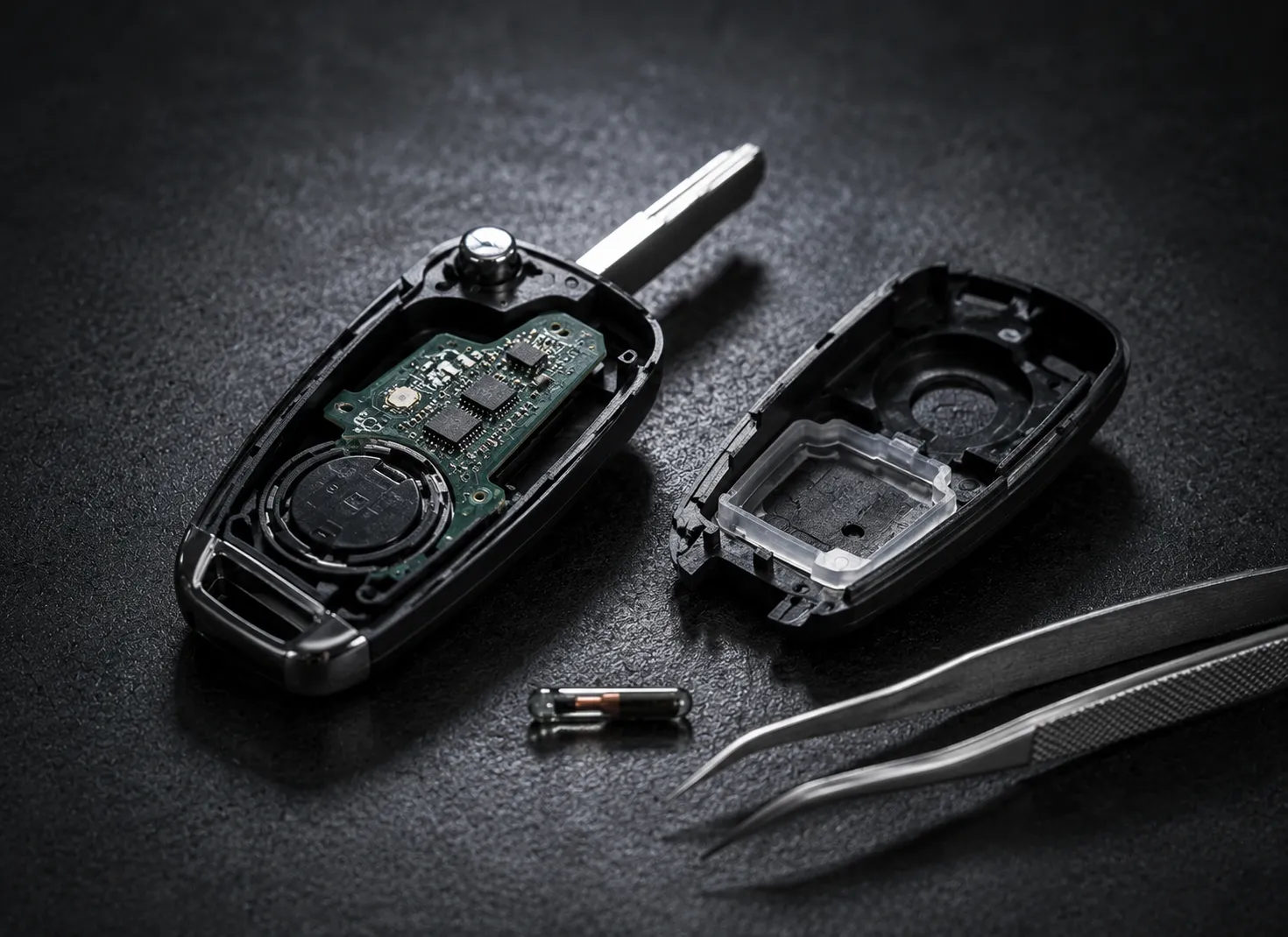 Transponder chip inside a European car key during coding at SemCar Brisbane