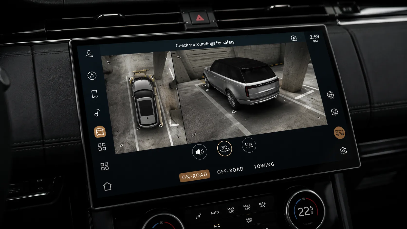 Your Whole Vehicle From Above 3D surround camera overhead view on a Land Rover touchscreen in a Brisbane car park