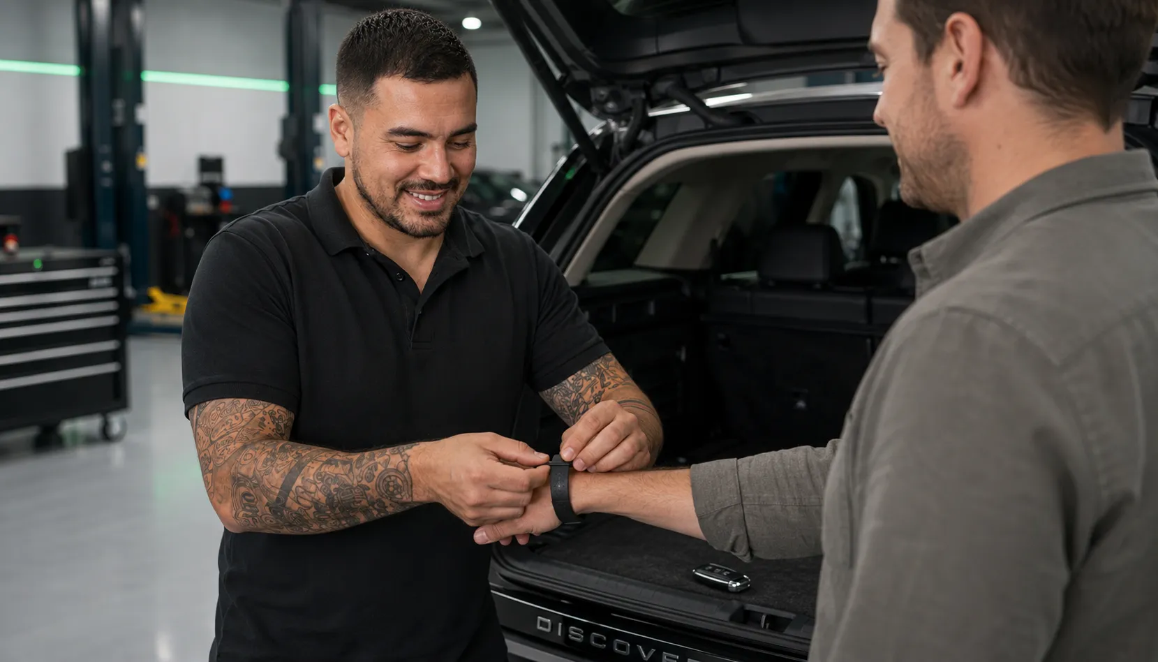 Factory-Trained Hands on Your Security Factory-trained JLR technician fitting an Activity Key wristband in Capalaba Brisbane