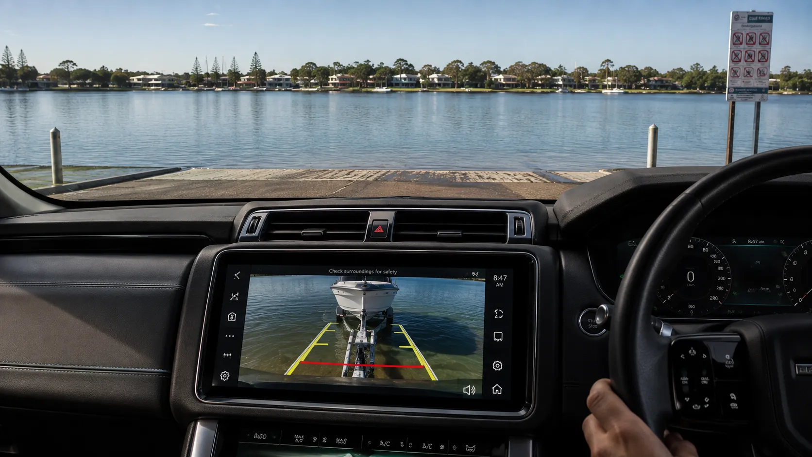 What These Features Feel Like Land Rover Defender using Advanced Tow Assist activation on a Queensland boat ramp