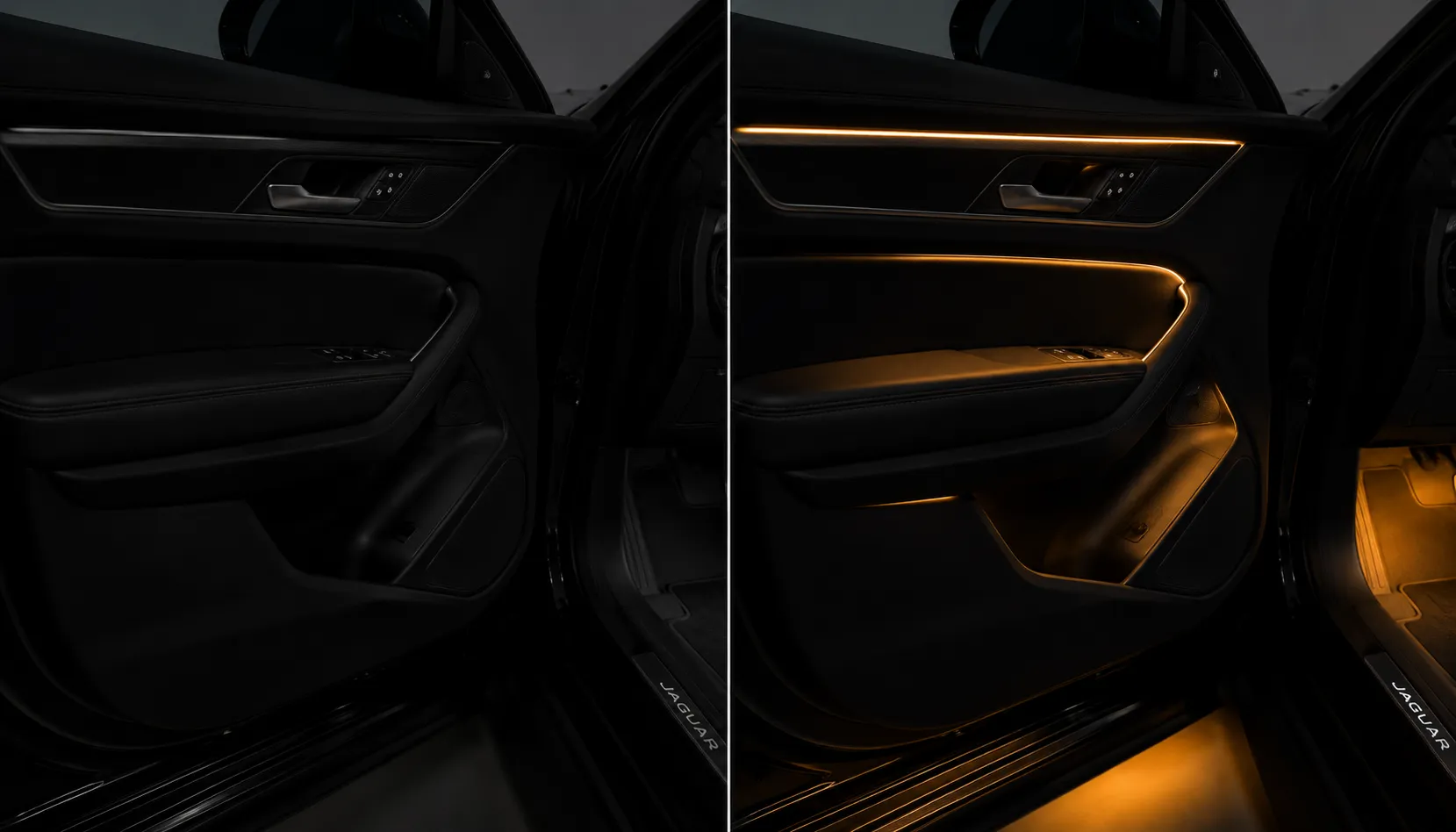 Why Your Cabin Shipped Dark Before and after ambient lighting activation on a Jaguar door panel in Brisbane