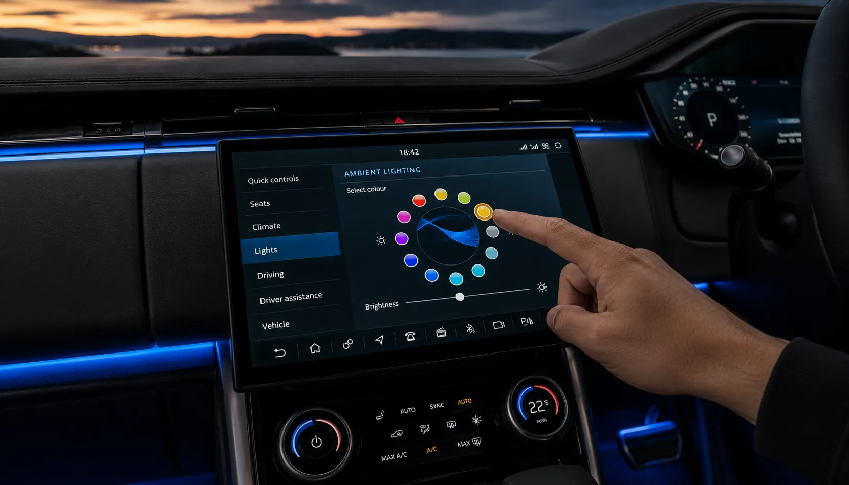 What Your Cabin Looks Like After the Visit Ambient lighting colour selection menu on a Land Rover touchscreen in Brisbane