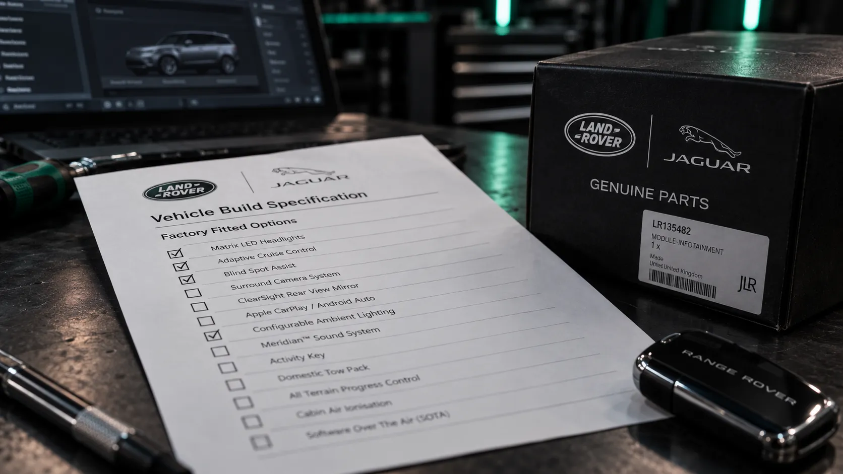 The Options List You Never Got to Tick Vehicle build sheet with unticked factory options beside a genuine JLR part in Brisbane