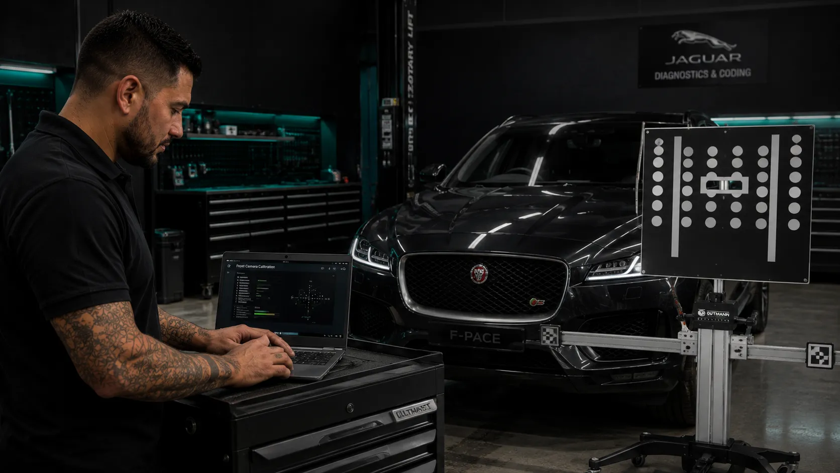 Calibrated to Manufacturer Procedure Factory-trained JLR technician calibrating a surround camera system in Capalaba Brisbane