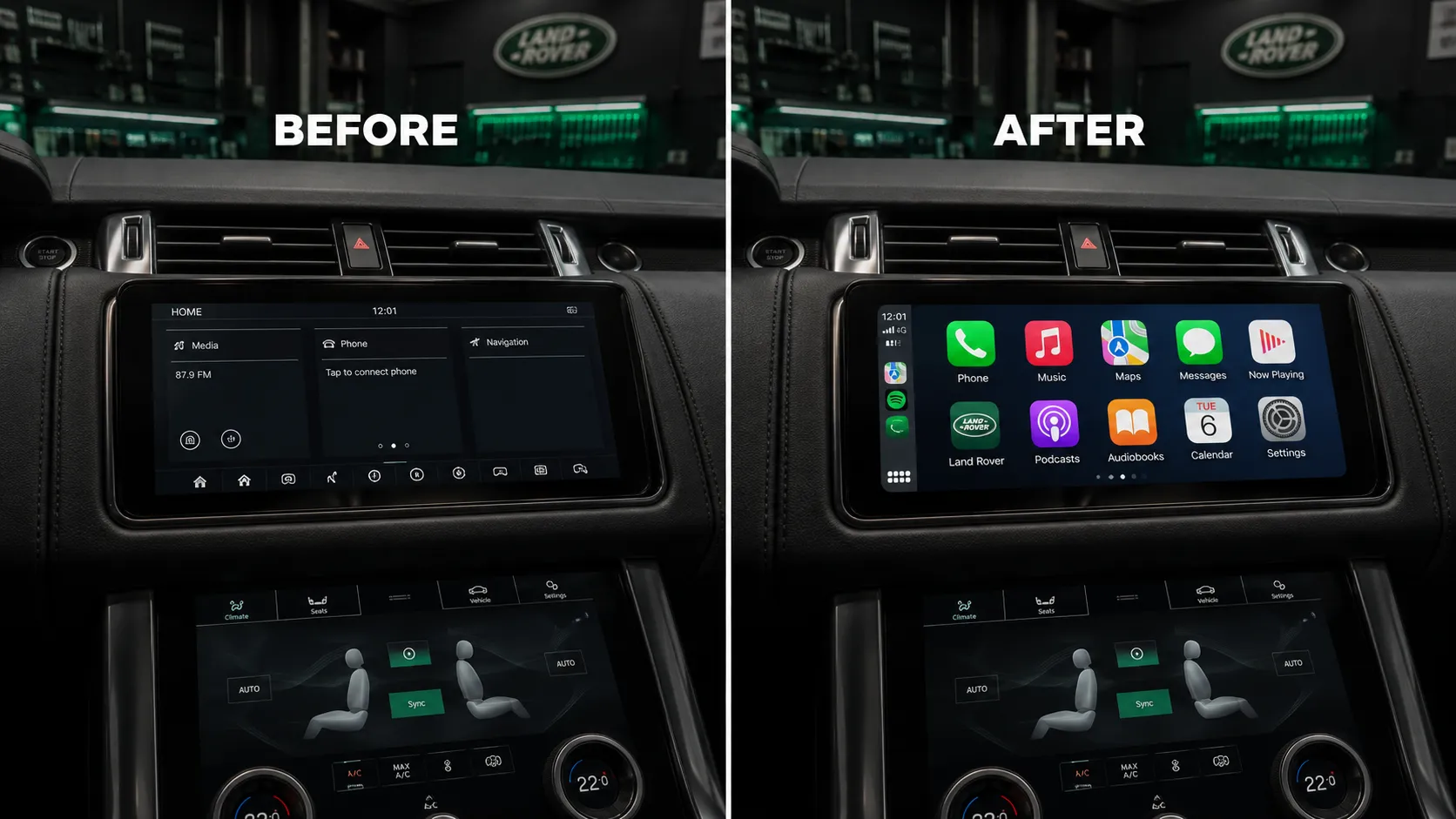 Same Screen, Switched On Land Rover factory screen before and after Apple CarPlay activation in Brisbane