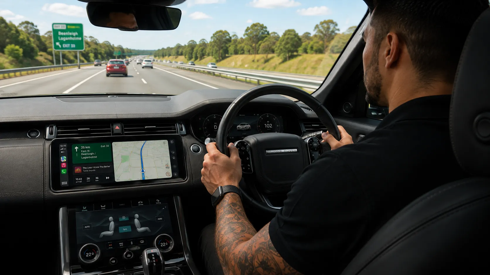 What Changes the Day You Drive Out Navigation running through Apple CarPlay on a Range Rover factory screen in Queensland