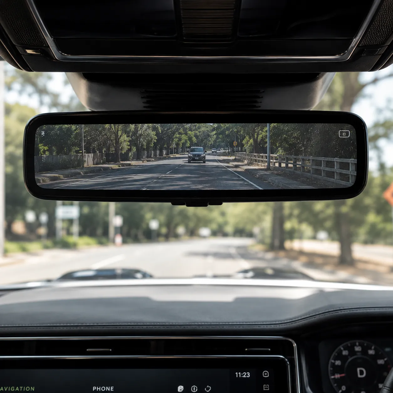 Camera & Mirror Upgrades ClearSight camera rear view mirror upgrade showing clear road view in a Land Rover
