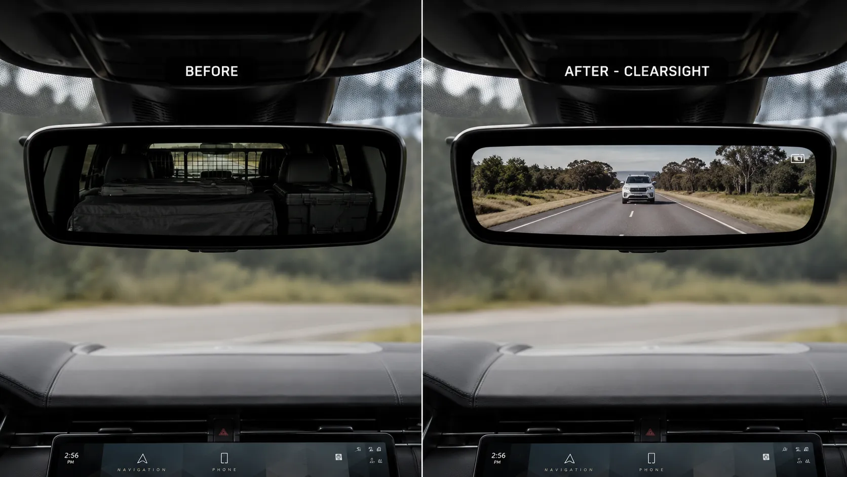 Same Mirror, One Toggle ClearSight mirror comparison showing blocked glass view versus clear camera view in Brisbane