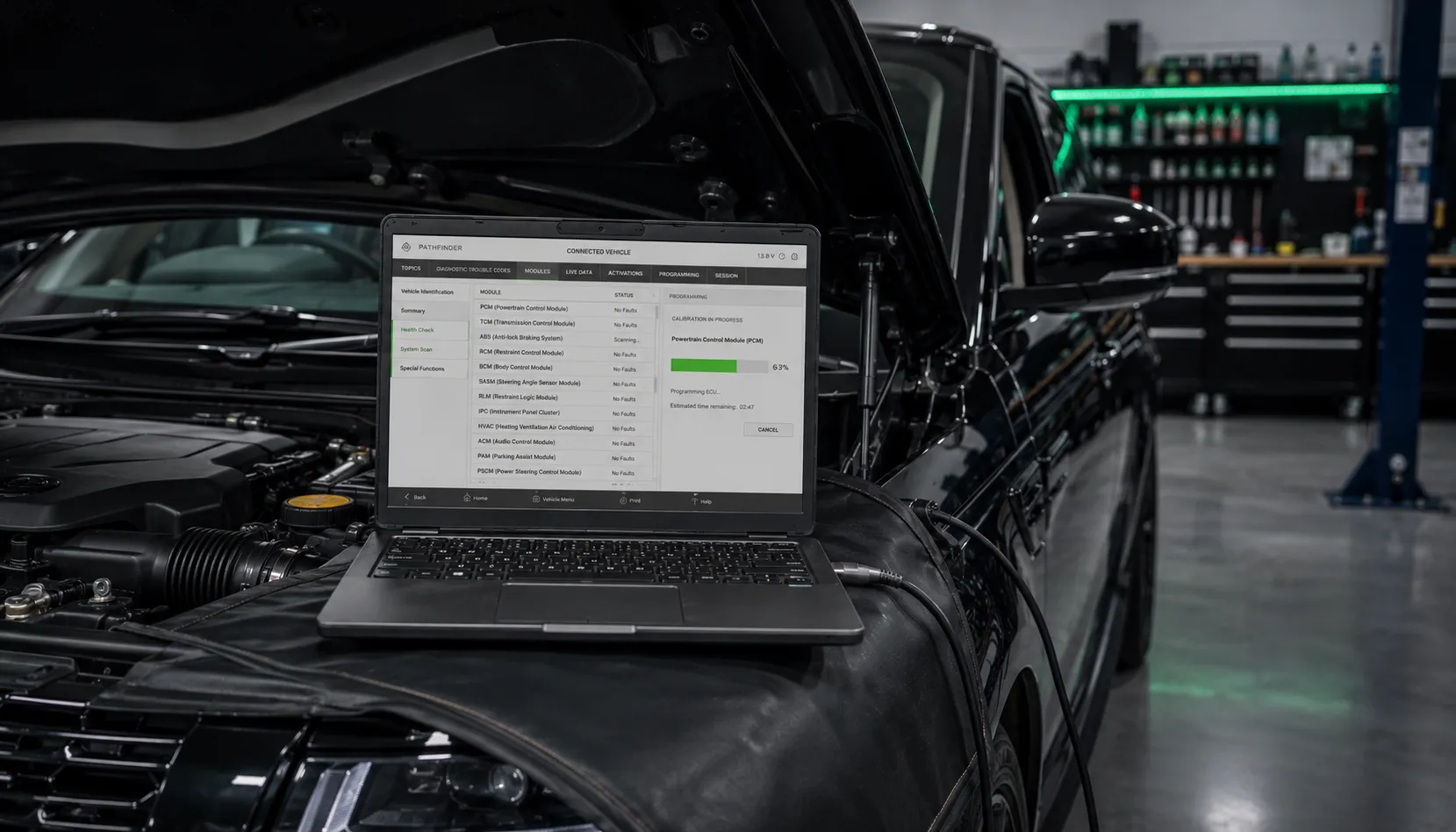 The Flagship Calibration Loading Diagnostic laptop loading a factory D350 calibration on a Range Rover in Brisbane