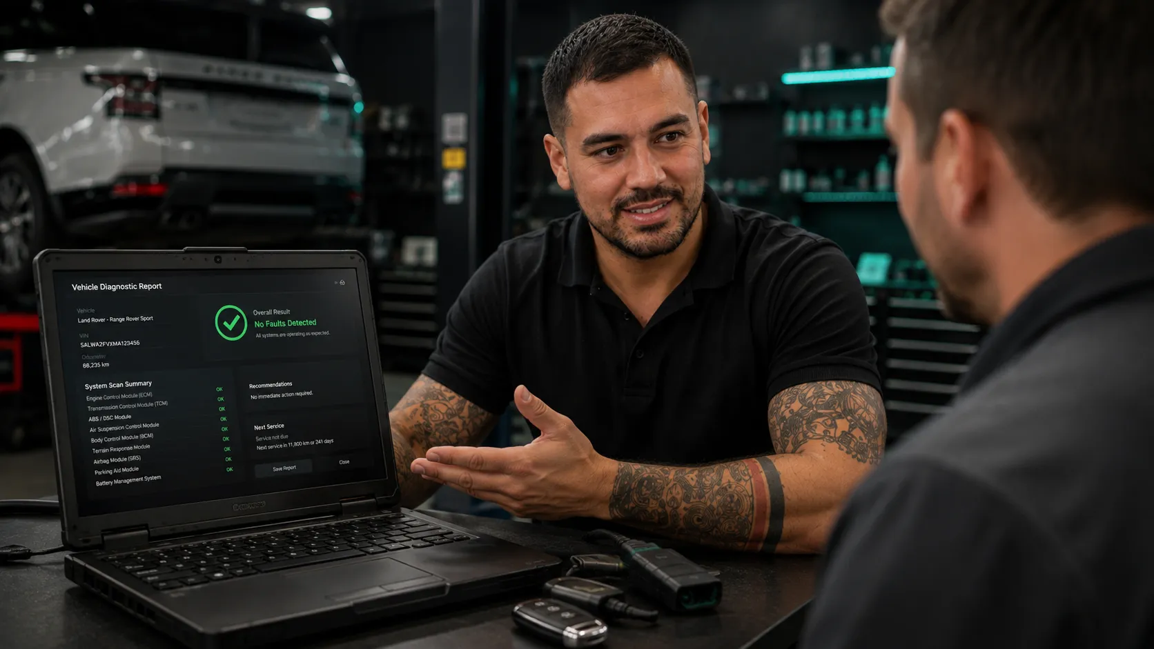 The Answer, Shown to You JLR master technician showing diagnostic results to a customer in Capalaba Brisbane