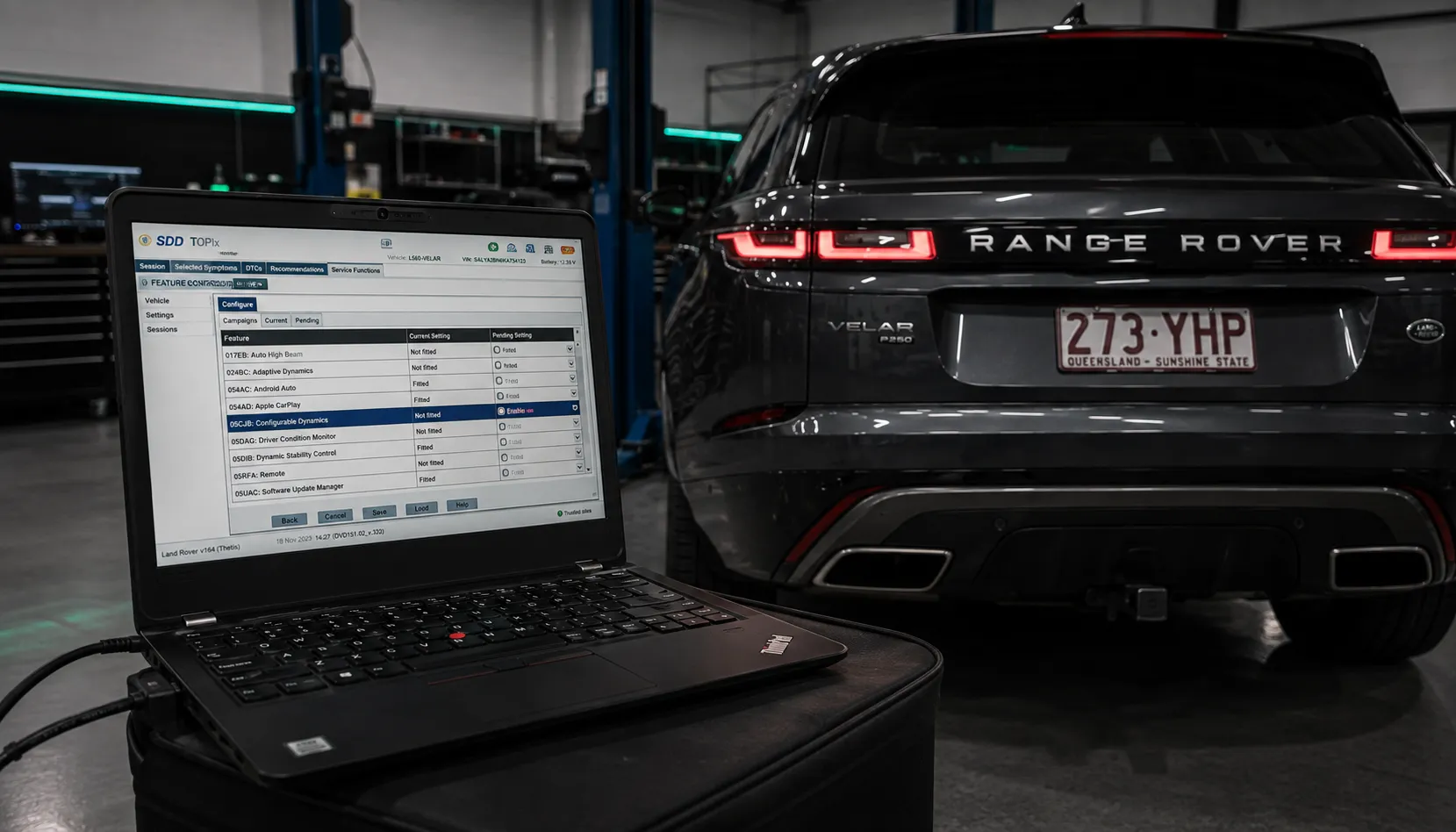 An Activation, Not a Modification Diagnostic laptop enabling Dynamic Mode on a Range Rover Velar in Brisbane
