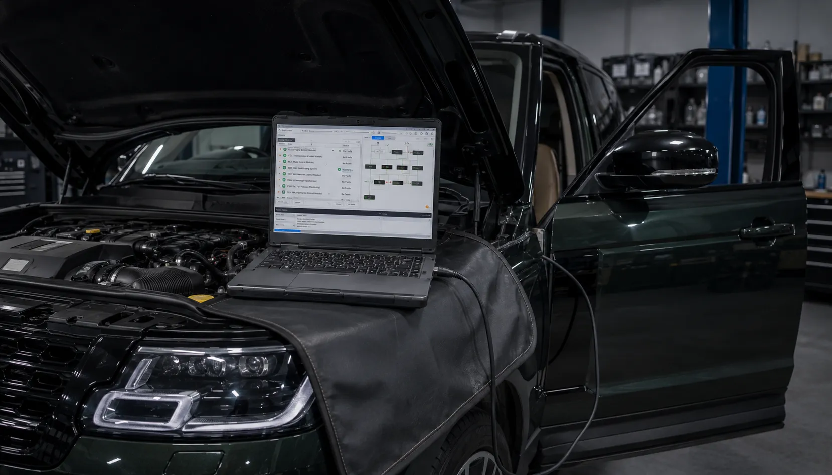 Factory Calibration, Not a Tune Diagnostic laptop loading a factory D300 calibration on a Land Rover in Brisbane