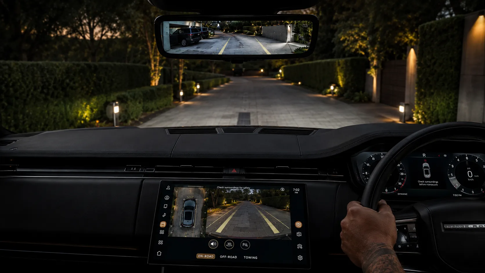 The Road Behind You, All Along ClearSight mirror and 3D surround camera both active while reversing a Range Rover in Brisbane