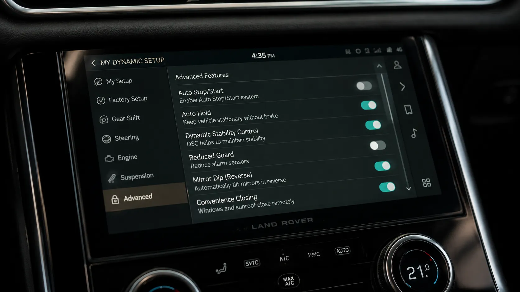 Built In, Switched Off Land Rover PIVI Pro settings menu showing features available for software activation in Brisbane