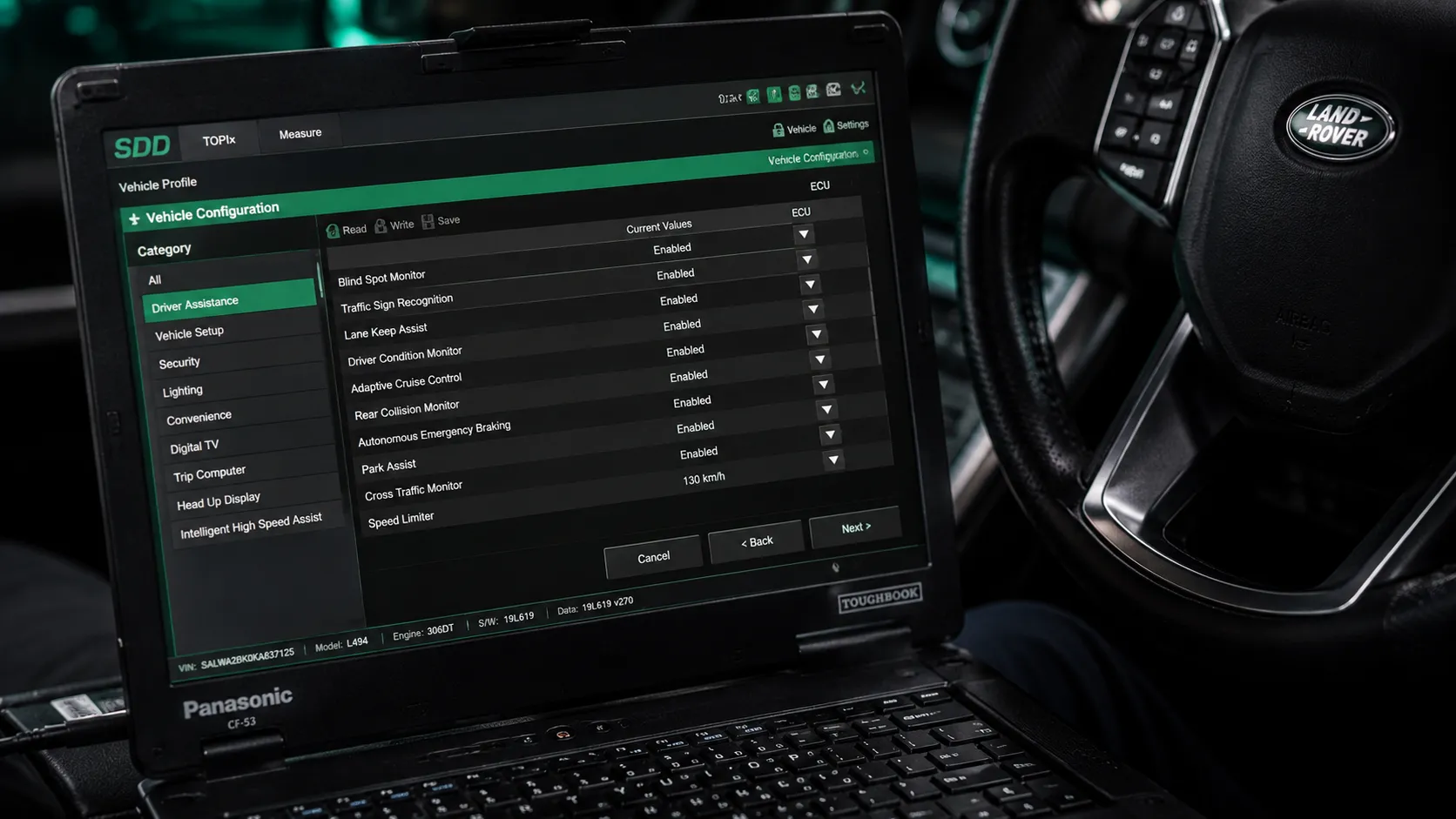 The Factory Configuration Space Diagnostic screen showing Land Rover configuration settings during custom coding in Brisbane