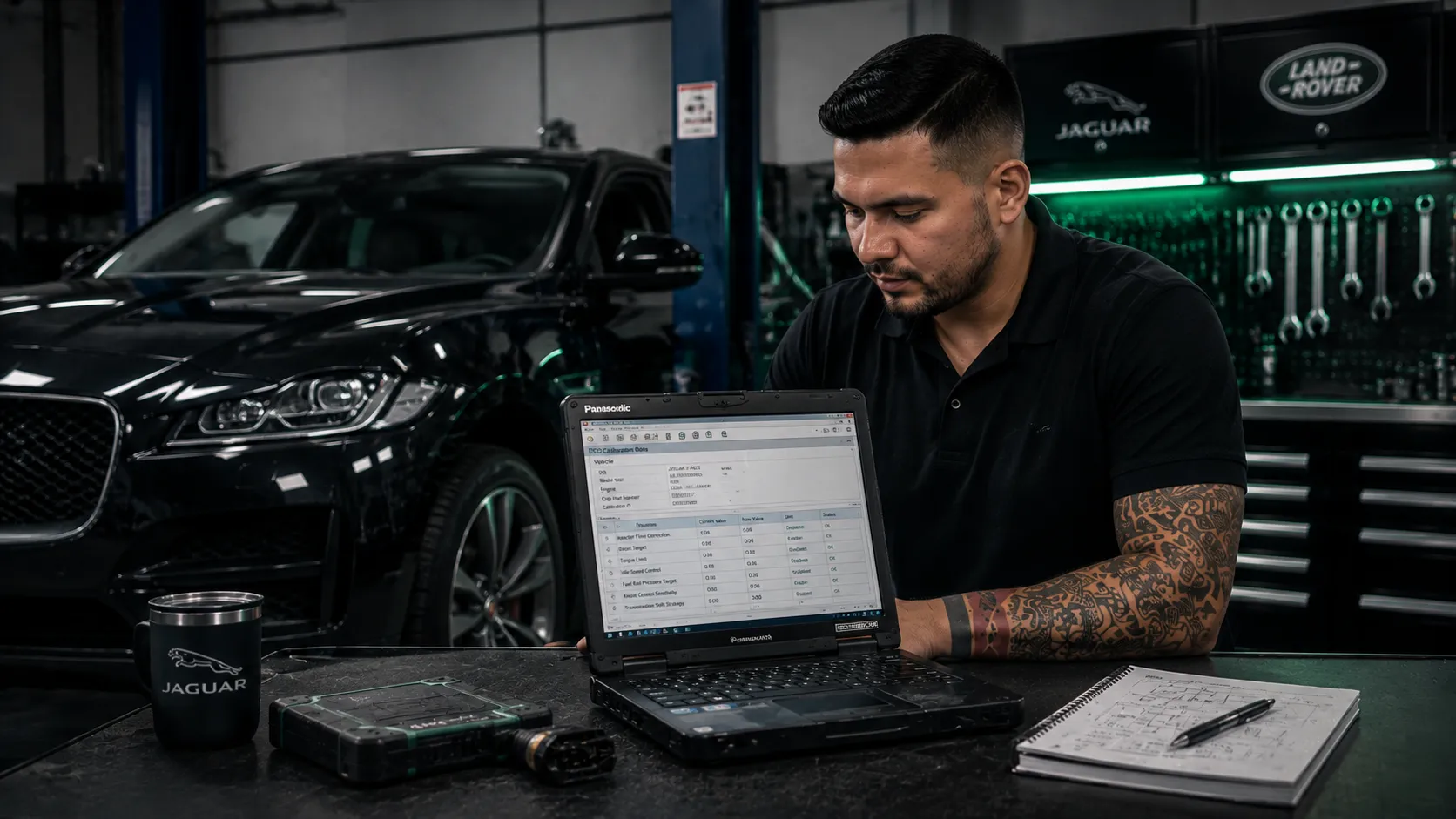 Factory-Trained, Dealership Equipment Factory-trained JLR master technician reviewing engine calibration data in Capalaba Brisbane