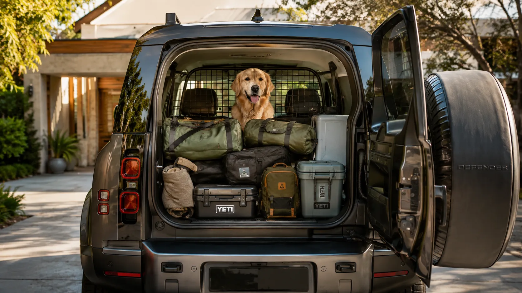 The Way You Actually Use It Land Rover Defender loaded with gear and a dog showing why ClearSight mirrors help in Brisbane