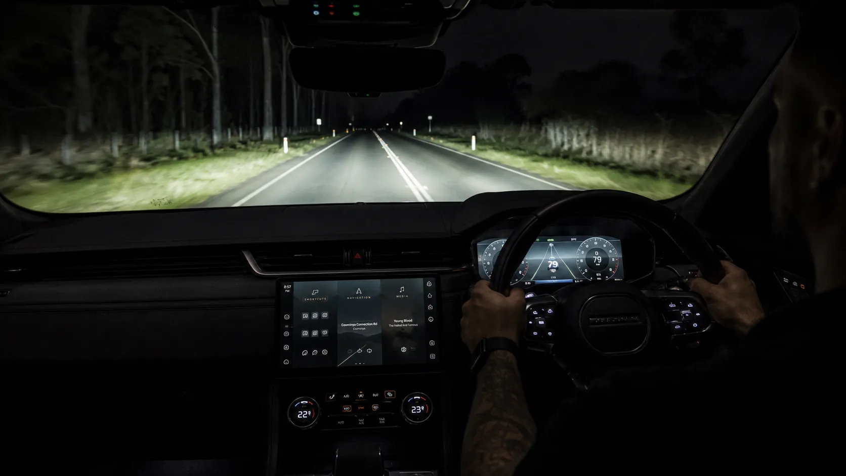 What the Upgrade Feels Like Matrix LED headlights and digital driver display after retrofit on a dark road near Brisbane