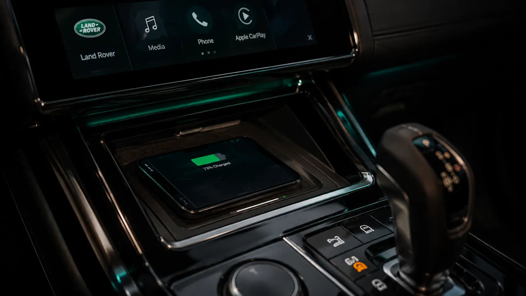 The Cup Holder Goes Back to Cups Smartphone wirelessly connected to a Land Rover factory screen via CarPlay in Brisbane